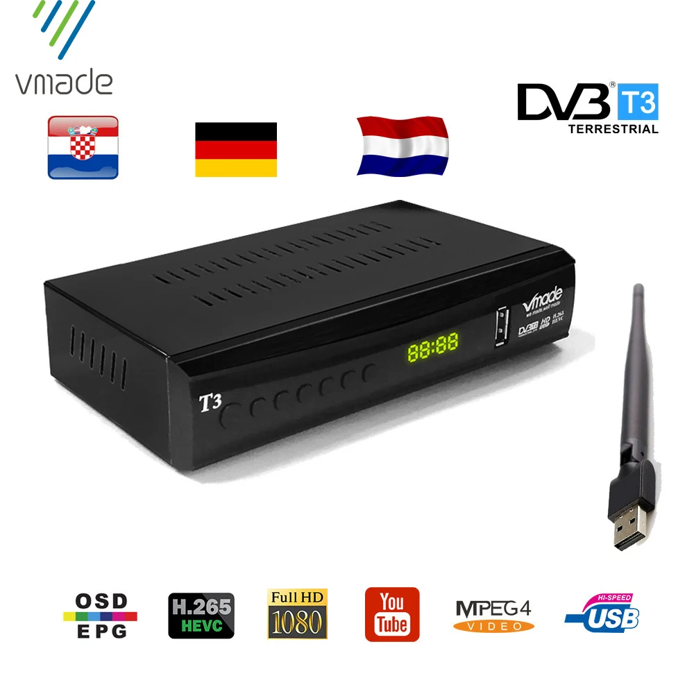 

Vmade DVB T2 HD receiver 1080P Tv Tuner DVB T2 H.265 terrestrial receciver decoder Dvb-t2 set top box with USB WiFi support AC3