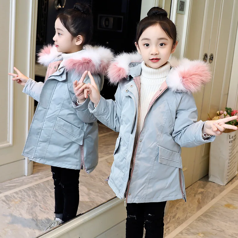 

-25Degree Children Winter Jacket Girls Detachable Fur Collar Coats Kids Warm Thick Hooded Long Down Cotton Coats For Teenage
