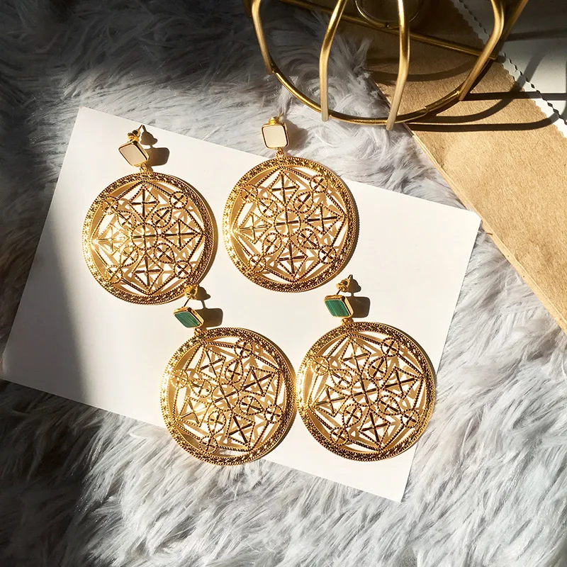 Fashion Fancy Hollow Faceplate Pendant Earrings Green White Malachite Studs For Women Brand Jewelry | Украшения и аксессуары