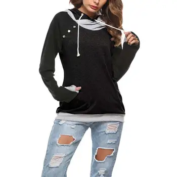 

Plus Size 2XL Female Pockets Patchwork Button Sweatshirt Women Casual Long Sleeve Hooded Hoodies Fashion Pullovers Top