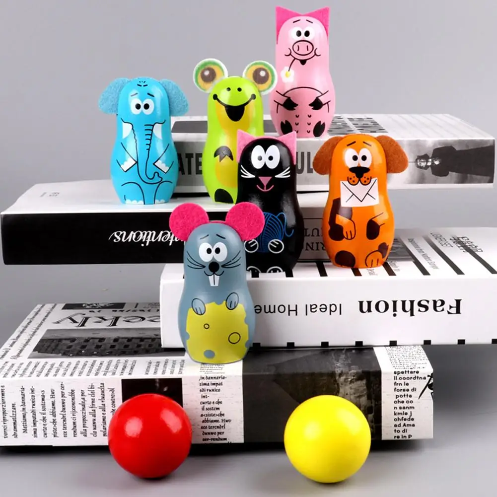 buy  Cute Cartoon Natural Wooden Bowling Game Toy for Kids Children Birthday Christmas Festival Gift