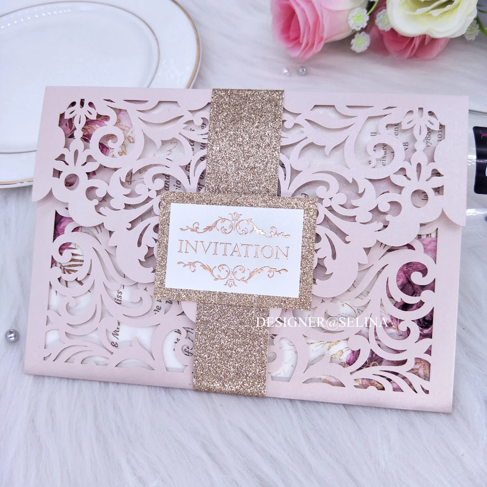

Light Pink Laser Cut Wedding Invitation with Glitter Belt and Tag Classical Printable Invitations for Quinceanera Bridal Shower