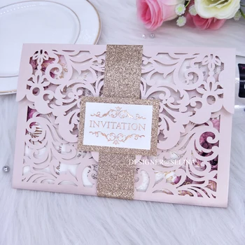 

Light Pink Laser Cut Wedding Invitation with Glitter Belt and Tag Classical Printable Invitations for Quinceanera Bridal Shower