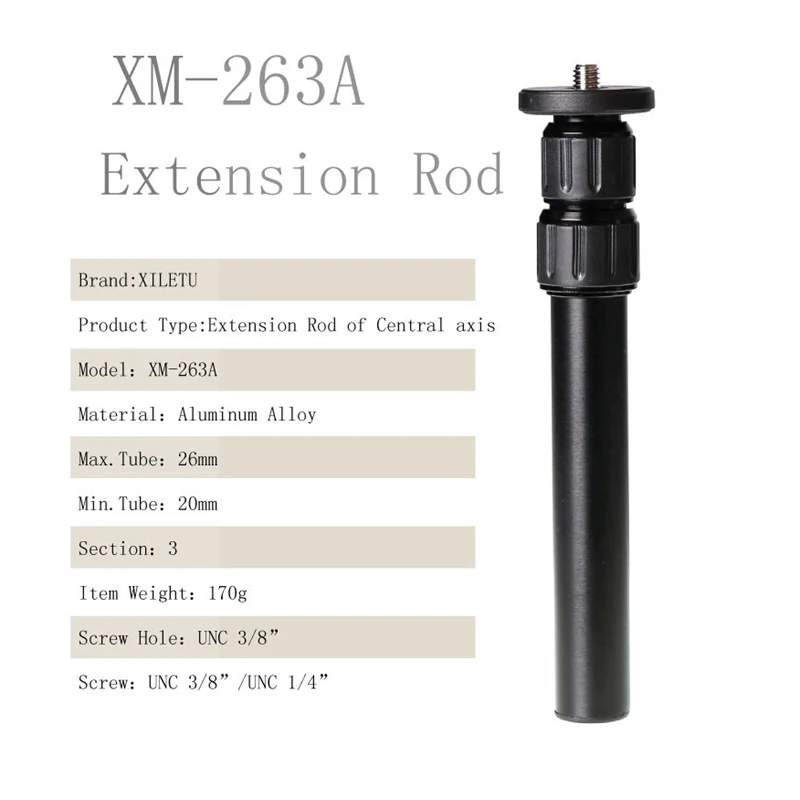 XILETU XM-263A Professional Aluminum Extension Rod Stick Pole 1/4 inch 3/8 for Thread Stabilizer Rod Monopod Tripod Central Axis