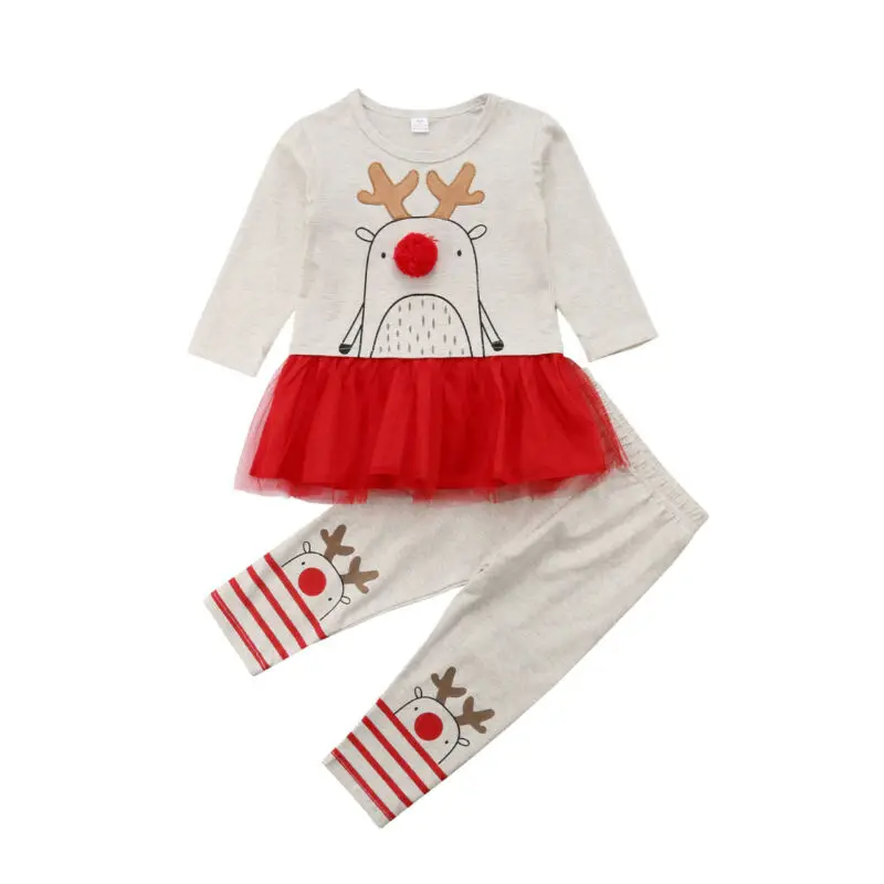 Christmas Deer printed Kids Baby Girls Lace Tutu Dress Top+Pants Outfit Clothes 2pcs Set Xmas Party Costume Size 0-5T | Детская одежда