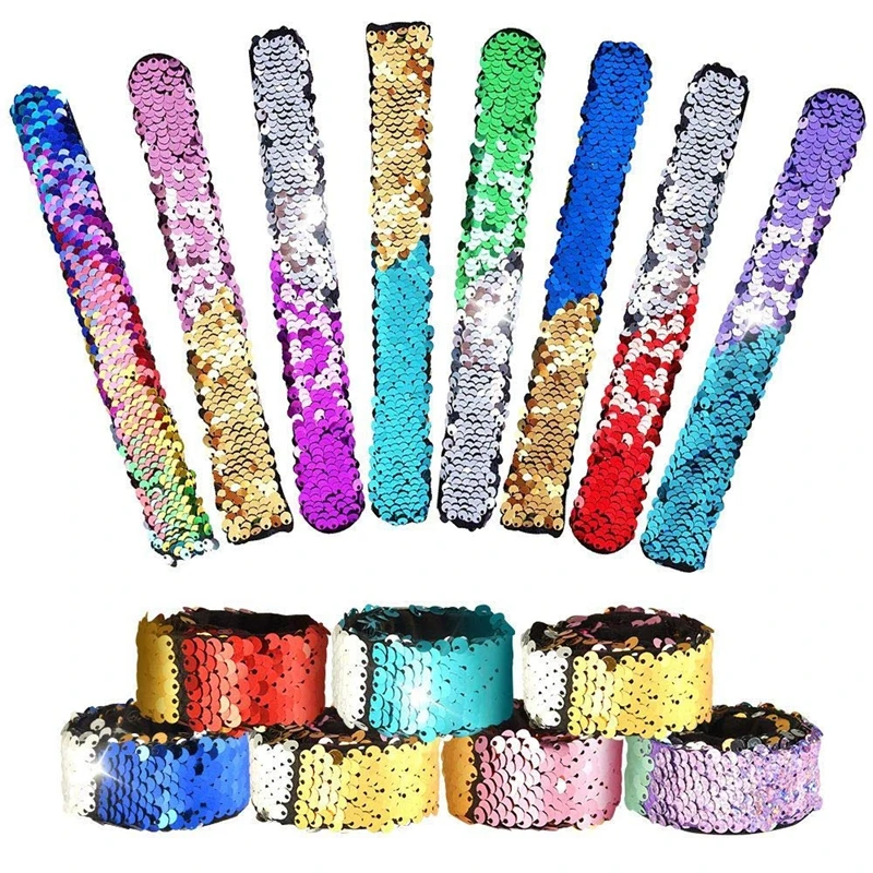 

16 Pcs Magic Sequins The Mermaid Bracelets 2Color Sequin Reversible Glitter Slap Bracelets Charms Wristband for Kids Little Merm