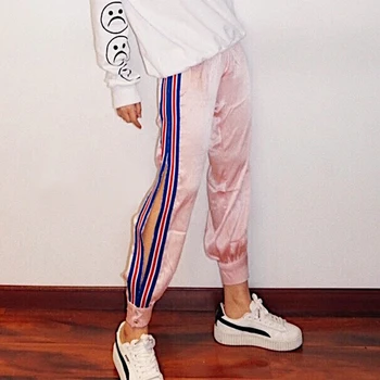 

2019 new fashion women's clothing Street satin sweatpants loose split stripes running training yoga fitness pants
