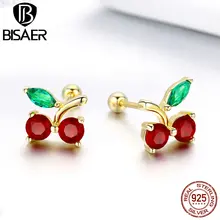 BISAER модные 925 пробы, серебряные, красные вишни и листья, изготовление сережек, модные украшения для женщин, подарок HSE543