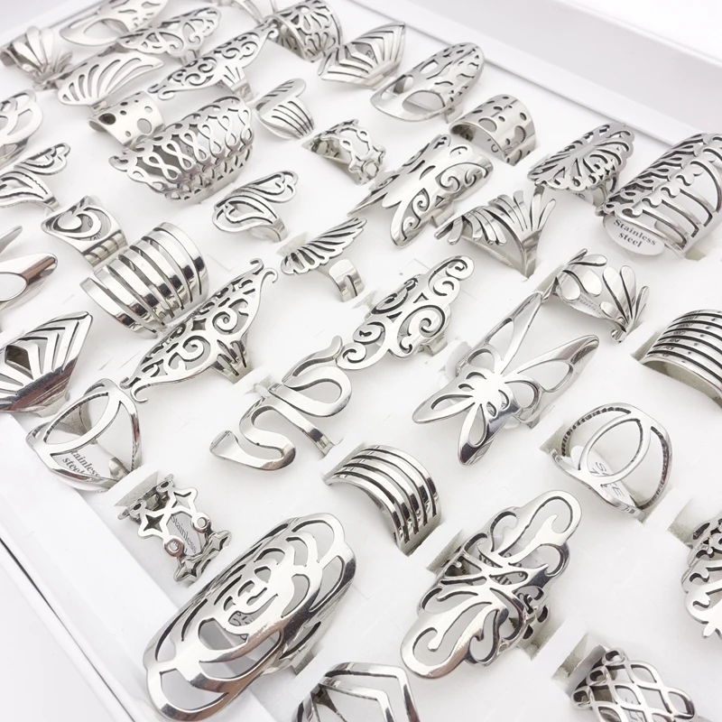 20pcs Fashion Stainless Steel Rings for Women Mix Styles Carved Flowers Butterfly Unique Party Jewelry Lot