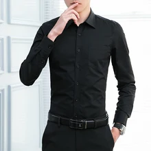 Мужские деловые рубашки с длинным рукавом, хлопок, полиэстер, отложной воротник, простая модная черная мужская деловая рубашка с карманами, большой размер 5xl