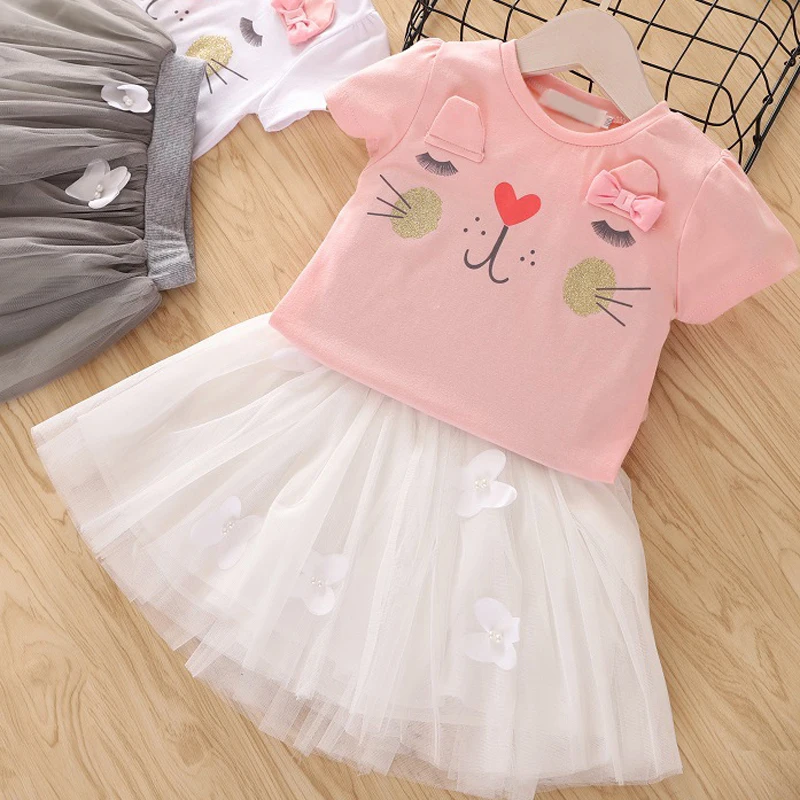 Summer Girls' Clothing Sets Denim Flower Embroidered Lapel Top+Net Yarn Skirt 2PCS Suit Princess Baby Kids Children Clothes kids clothing set girls clothing set
