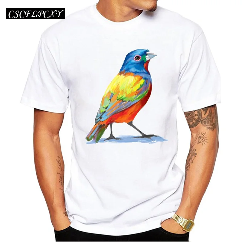 

2019 Newest Painted bunting Men T-Shirt Short Sleeve Casual Tops Hipster Cheek white birds Printed Male T Shirts Funny Tee