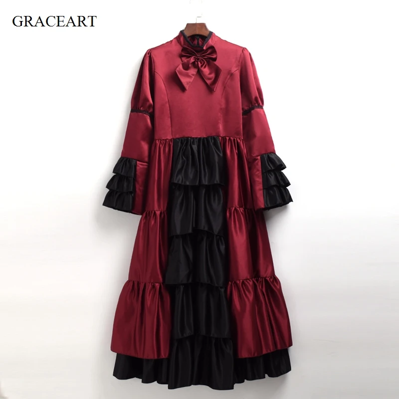 Vintage Women Civil War Bowknot Corset Dress With Crinoline Medieval Costume