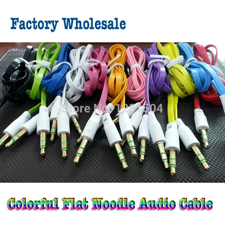 3 5mm to 3 5mm Colorful Noodle flat type Car Aux audio Cable Headphone Stereo Extended Cable for iphone Mobile phones 2000pcs