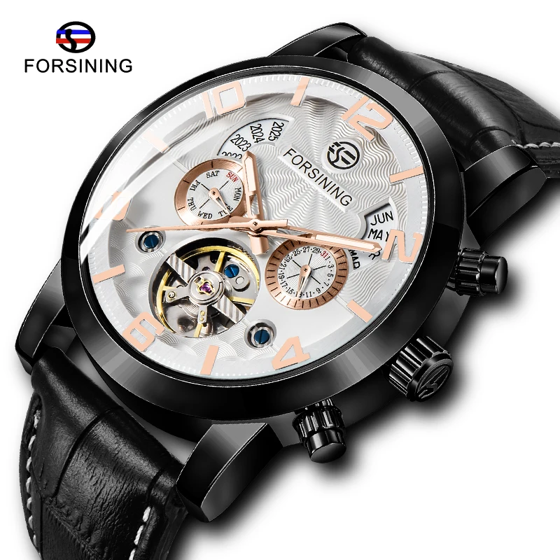 

Fashion FORSINING Men Mechanical Watch Tourbillon Leather Strap Black Dial Date Year Month Display Men Luminous Wristwatch