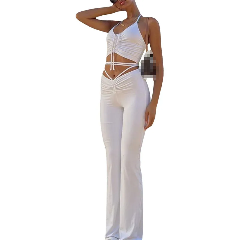 2Pcs Women Summer Outfits Casual Clothing Sets Solid Color Strappy Halter Neck Vest + High-Waist Flared Trousers for Girls