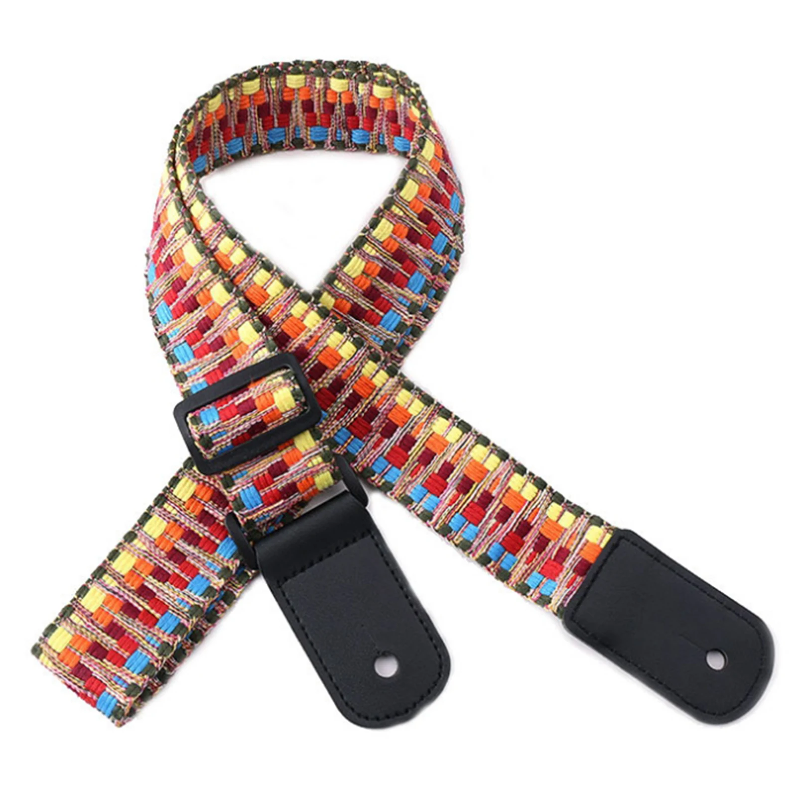 Retro Strip Design Leather Ends Guitar Strap Adjustable for Acoustic Guitar