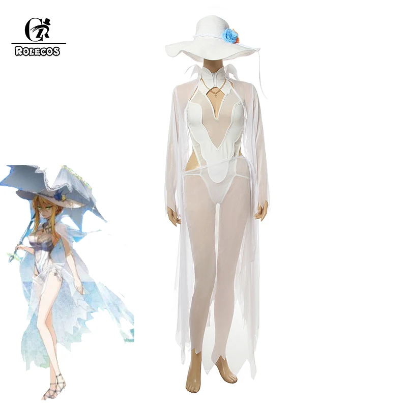 

ROLECO Game FGO Fate Saber Arutoria Pendoragon Cosplay Costume Sexy White Swimsuit Cosplay with Cap Women Holiday Full Set