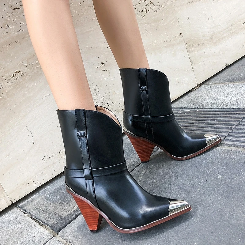 

COOLULU Spring/Autumn Chic Leather Ankle Boots Women Metal Pointed Toe Tassel Strange High Heel Boots Fashion Western Boots