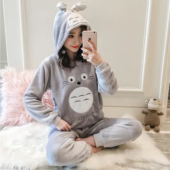 

Thick Warm Flannel Cute Cartoon Totoro Hooded Pajamas Sets Women Winter Long Sleeve Coral Velvet Sleepwear Pijama Mujer Homewear