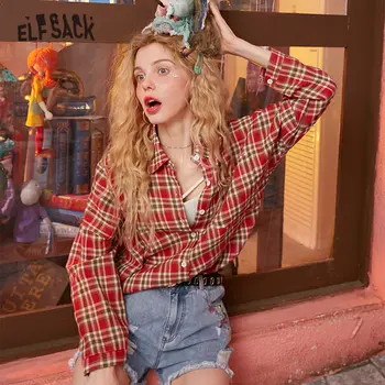 

ELFSACK Multicolor Plaid Single Breasted Casual Preppy Blouse Shirt Women 2020 Spring New Long Sleeve Korean Female Daily Tops