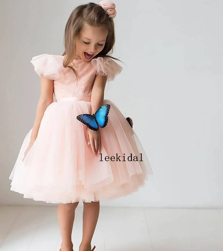 

Lace Top A-Line Tulle Pink Flower Girls Dresses Short Formal Kids Formal Wear Infant Toddler Short Sleeves Birthday Party Gowns