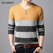 Новая Осенняя коллекция, мужской свитер, молодежная коллекция, полосатые, цветные, вязаные, стильные, повседневные, плюс размер, v-образный вырез, Свитера с пуговицами