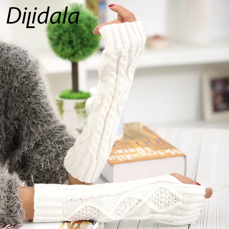 Dilidala, шерстяные вязаные перчатки с ромбовидным рукавом, зимние женские одноцветные перчатки на половину пальцев, длинные перчатки 30 см, теплые перчатки без пальцев