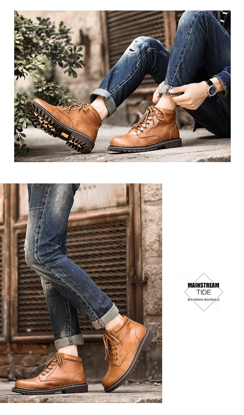 Fashion Vintage Men Lace-Up Autumn Winter Cow Split Leather Boots Men Waterproof Work Tooling Casual Ankle Men Boots