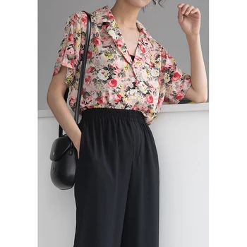 

COIGARSAM Vintage Floral Print Shirt Womens tops New Summer Short Sleeve Women shirts Pink Blue 2656