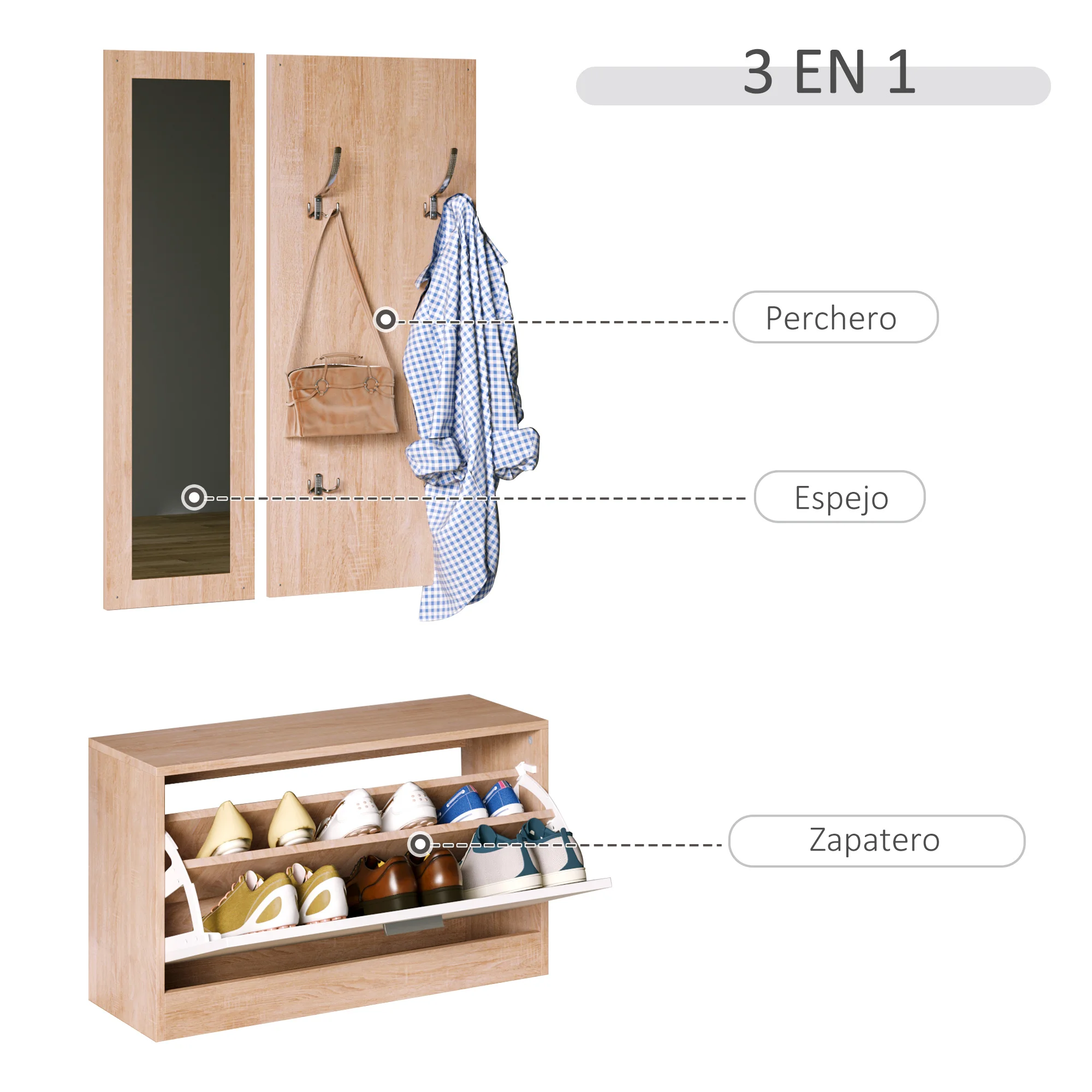 HOMCOM 3 EN 1 Conjunto de Muebles de Entrada Recibidor Pasillo Set de 3  Piezas Perchero Espejo Zapatero Madera