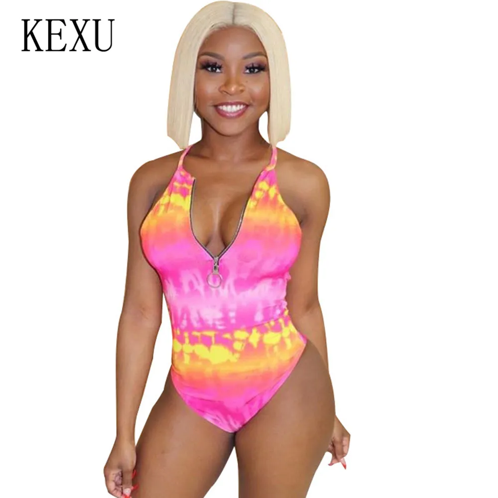 

KEXU New Fashion Tie-dyed Zipper Swimsuits Women Sexy High Cut Sleeveless Hollow Out Halter Swimwear Mujer Summer Bodysuits