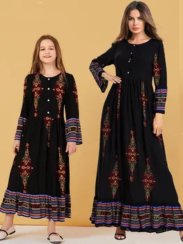 

2019 girl's midget black printed button-down flared sleeve dress a casual Muslim dress