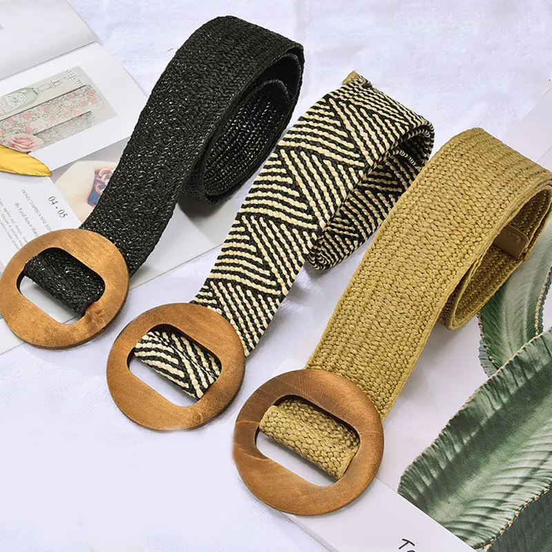 

Women Braided Elastic Belt For Women Round Square Wooden Buckle Vintage Straw Buckle Belt Women Knitted Belt Dress Waistbands