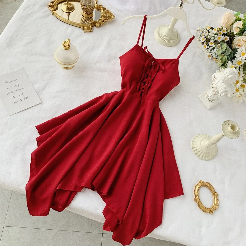 

Taotrees Summer Women Sexy Solid Color Halter Neck Sleeveless Drawstring High Waist Knee-length Dress