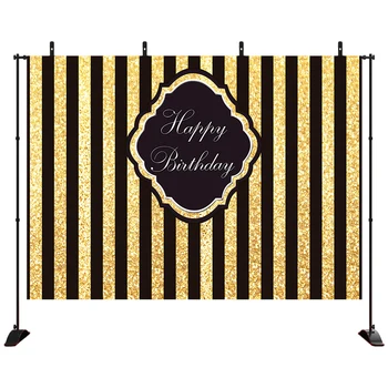 

Happy Birthday Party Backdrop Black and Gold Stripes Photography Background Golden Sparkle Shining Dots Baby Adult