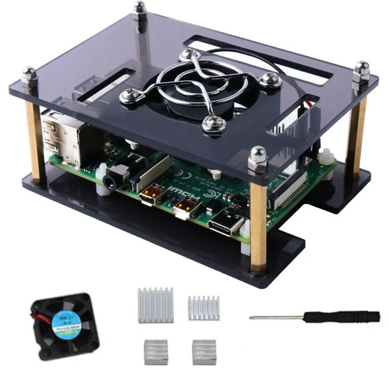 Прозрачный/темно-коричневый акриловый чехол для Raspberry Pi 4 Модель B, чехол с охлаждающим вентилятором для Raspberry Pi 4B/3B+/3B/2B платы - Цвет: Черный