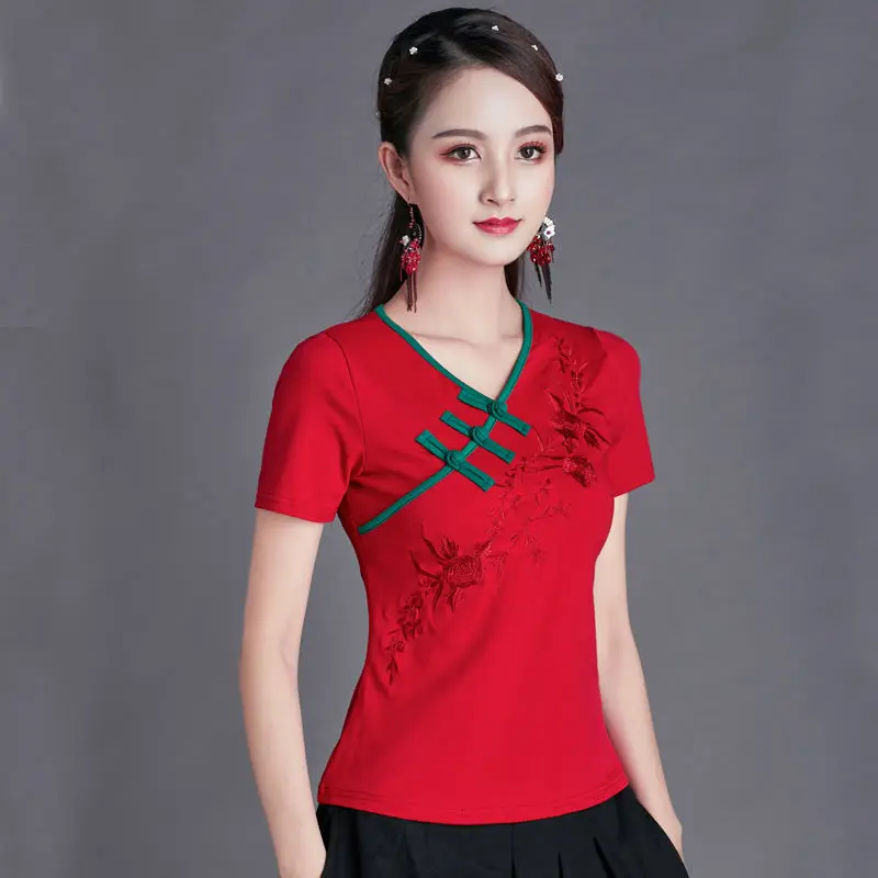 Cheongsam Womens Plus Size Short Tops Summer Fashion Cotton Blend Embroidery Cheongsam Slim fit Chinese Qipao Shirts Woman