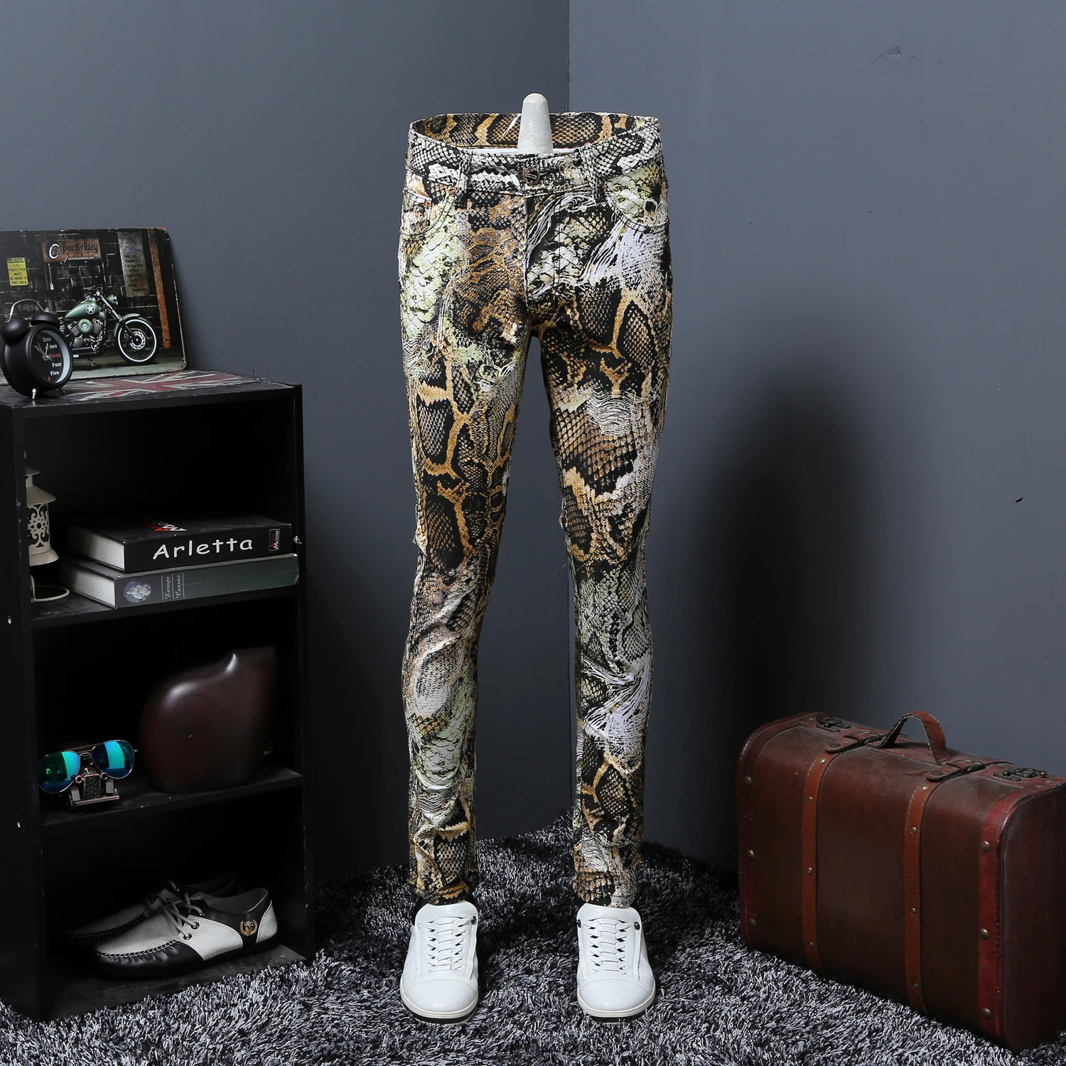 

Thin Section Snake Grain Printing Jeans Male Coloured Drawing Or Pattern Nightclub Personality Trousers Flower Pants