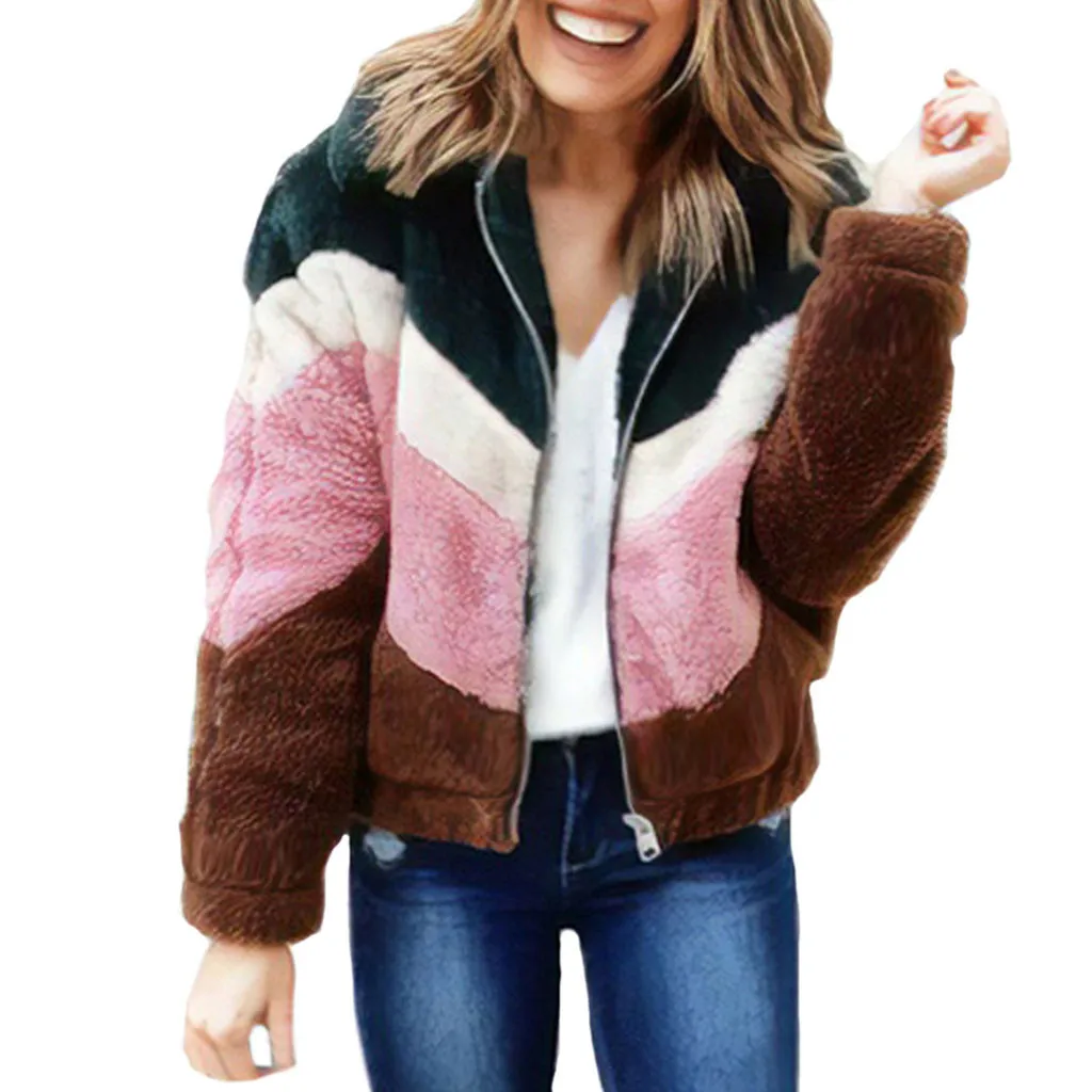 

Women Winter Plush Coat Top Women Patchwork Zipper Flannel Long Sleeve Sweatshirt Pullover Coat Outwear feminine coat10H