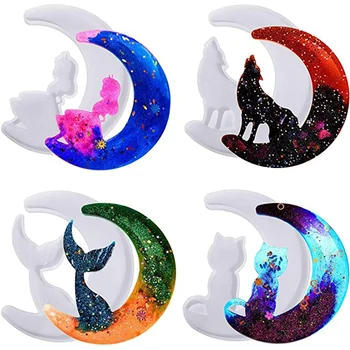 

4Pcs Crescent Moon Mold Epoxy Resin Mold Silicone Molds,Wolf,Cat,Fairy,Fish Tail Resin Mold for Handmade DIY Crafts