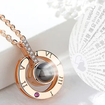 

Huitan Hot Sale Round/Heart Pendent Necklace for Women with Unique Projection Function 100 Language “I LOVE YOU” Love Necklaces