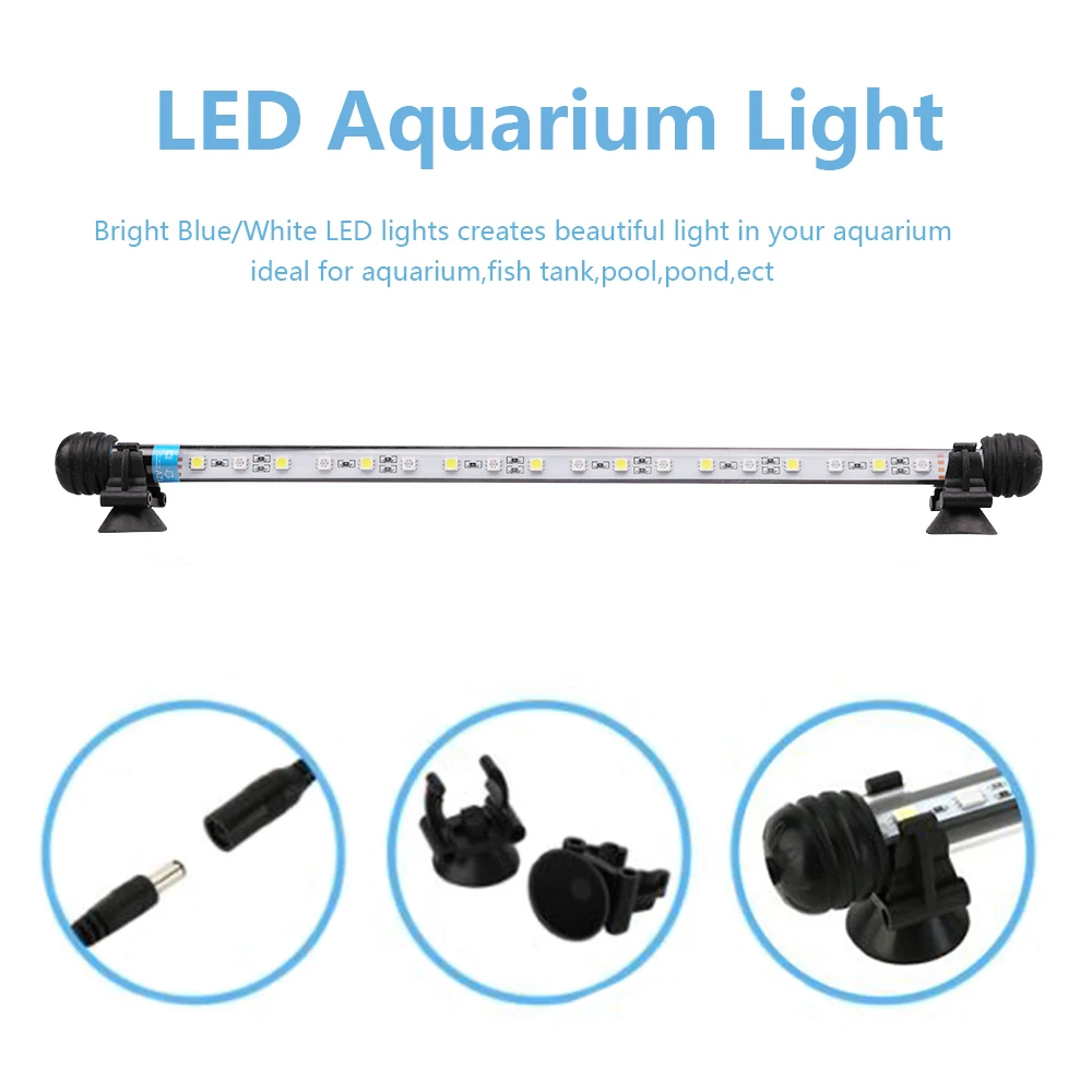 Waterproof Aquarium LED Lamp Light Fish Tank Lamp Submersible Light White and Blue Lighting USplug 18/28/37/48/57/62/71/92/112cm