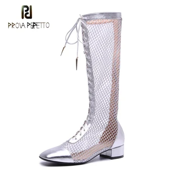 

Prova Perfetto Air Mesh Summer Boots for Women Square Mid Heel Hollow Sandals Boots Cross Tied Runway Style Long Boots Feminino