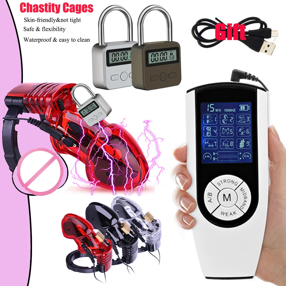 Electric Shock CB6000 Cock Cage Sex Ball Stretcher SM Bondage Timer Lock Chastity Belt Penis Ring Electro Stimulate Men Sex Tool