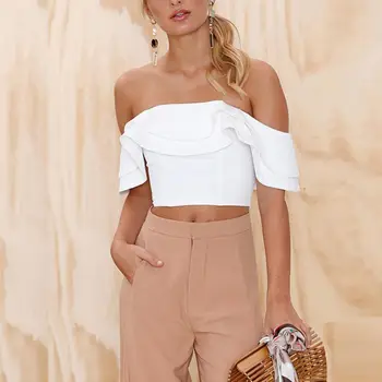 

EFINNY Bohemian off Shoulder Summer Vest Top Tank Crop Top Blouses Solid Ruffles Blouse