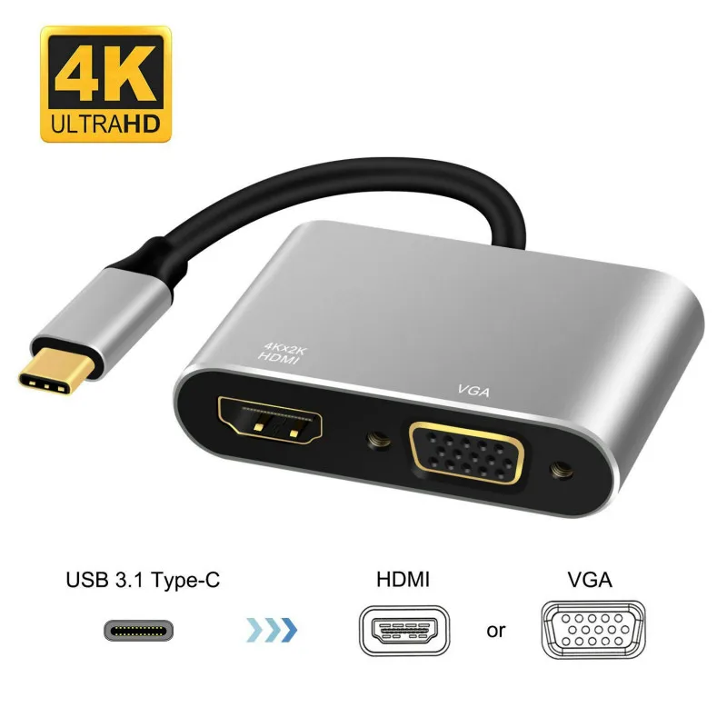 

USB 3.1 Type C To HDMI VGA Adapter Laptop External Display Transfer Hub Support Dual Interface Simultaneous Output for Macbook