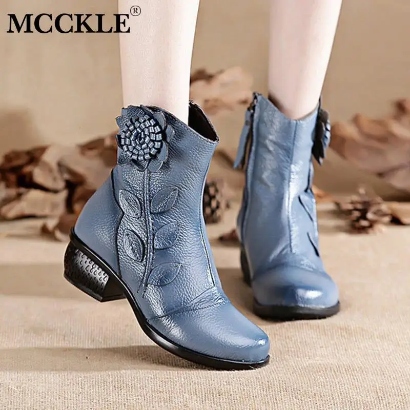 Women Ankle Boots Flower Women's Boots Woman Genuine Leather Ladies Fashion Zip Autumn Winter Comfort Female Shoes Woman
