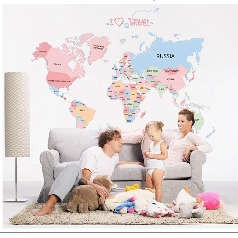 

Wall Stickers World Map Decor Sticker Wall Decals for Kids Rooms Educational Children Map Classroom Letter Colorful Baby