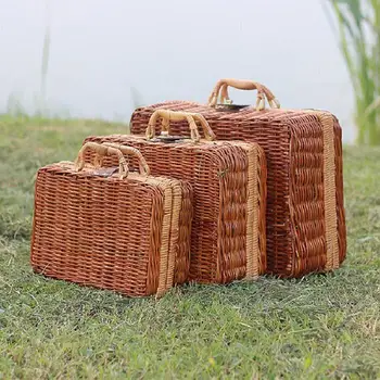 

Outdoor Travel Suitcase Retro Style Weave Portable Picnic Storage Box With Handle Home Multifunctional Finishing Organizer
